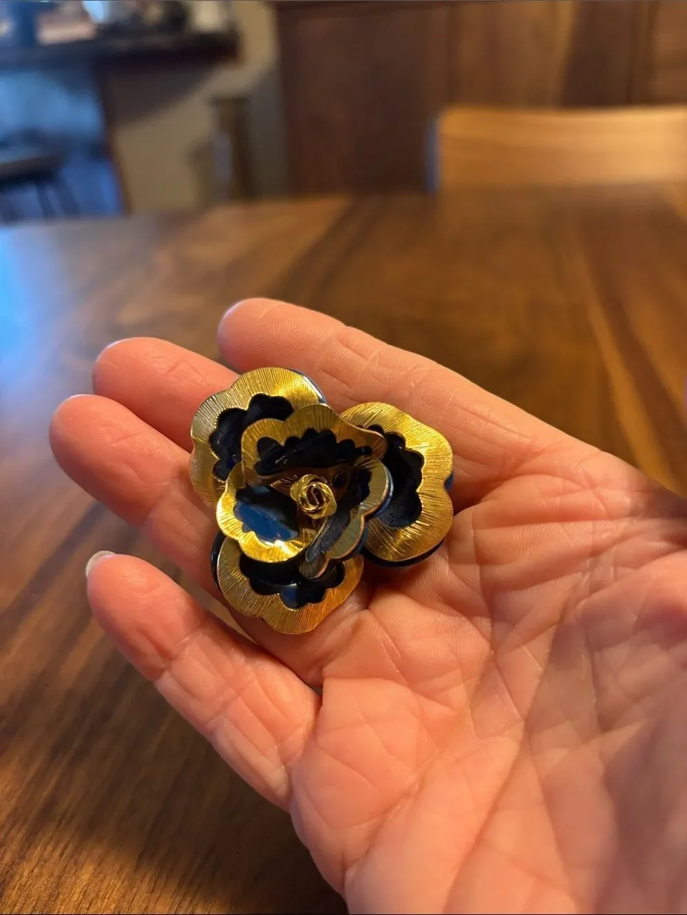 Vintage Coro Gold and Navy Flower Brooch - Elegant Women's Accessory